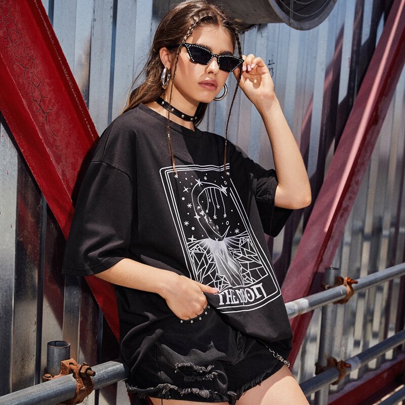 

Moon Face Graphic Oversized Tee, Black