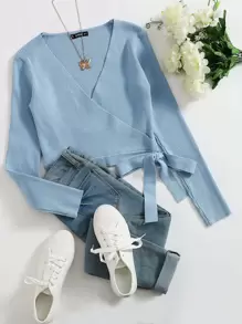 SHEIN Clasi Wrap Tie Side Solid Jumper - Dusty Blue - View 1