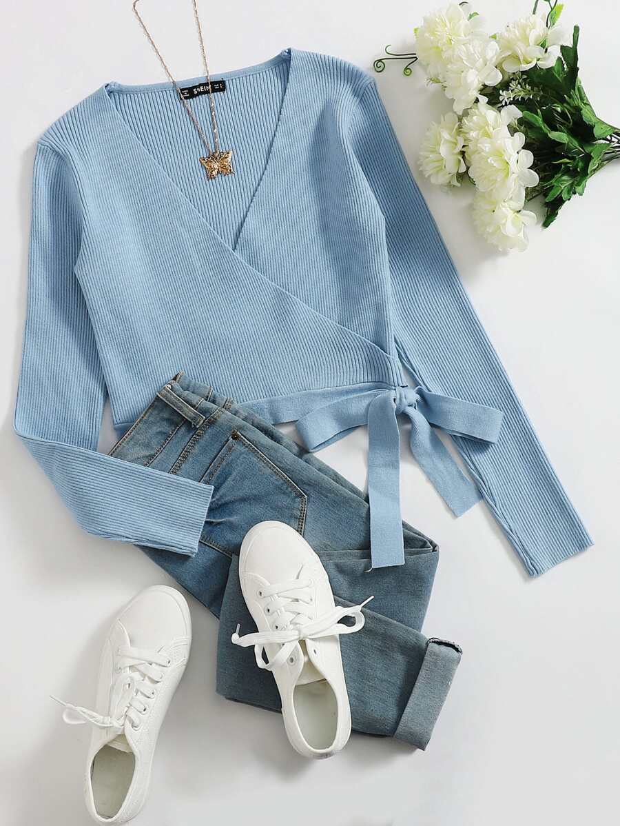 SHEIN Clasi Wrap Tie Side Solid Jumper - Dusty Blue - View 1