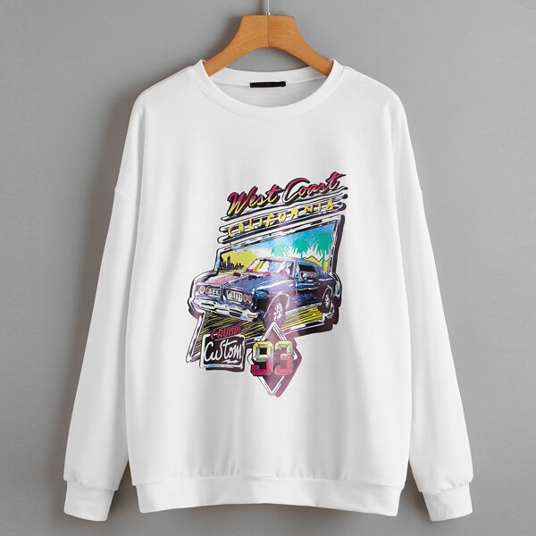 

Drop Shoulder Letter & Car Print Pullover, White