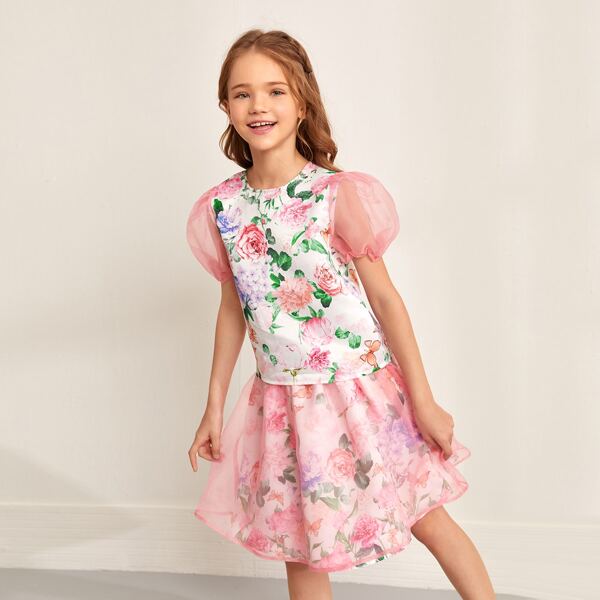 

Girls Puff Sleeve Floral Top & Organza Overfly Skirt Set, Multicolor