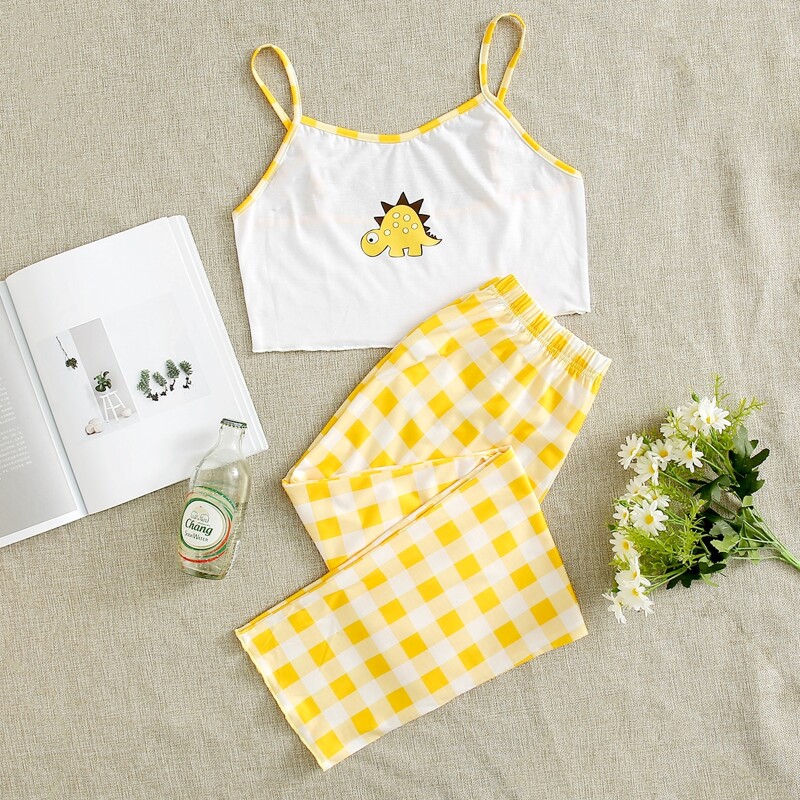 

Dinosaur Print Cami & Gingham Pants PJ Set, Multicolor