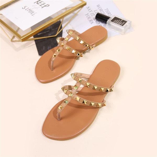 

Toe Post Spiked Decor Slide Sandals, Khaki