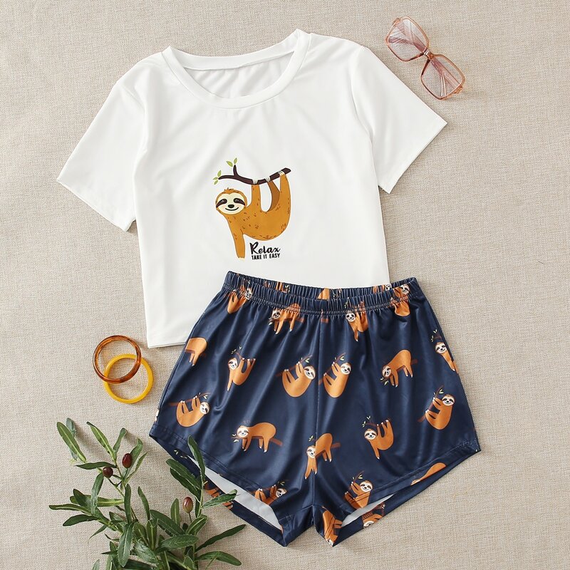 

Cartoon Graphic And Slogan Graphic Pajama Set, Blue and white