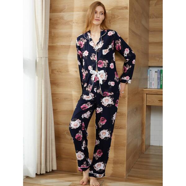 

Floral Print Contrast Binding Pants PJ Set, Navy blue