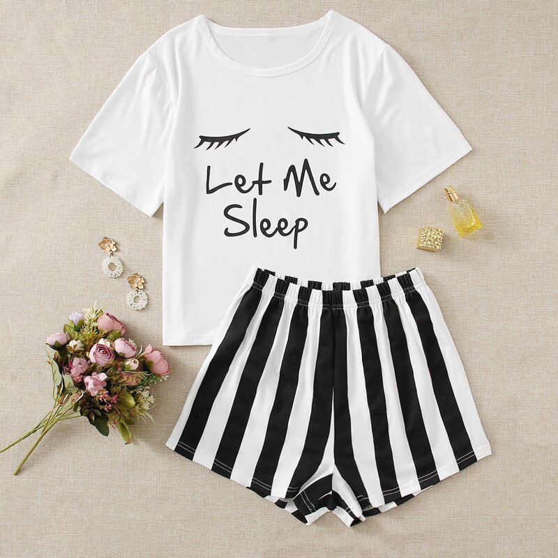 

Slogan Graphic Tee With Striped Shorts PJ Set, Black and white
