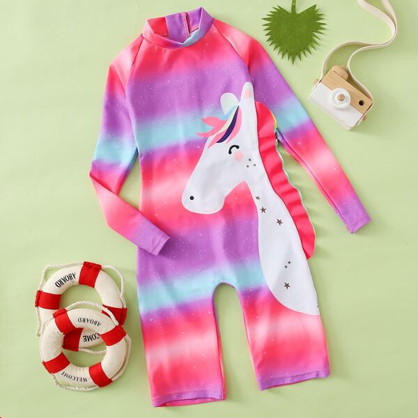 

Toddler Girls Ombre Cartoon Graphic One Piece Swimsuit, Multicolor