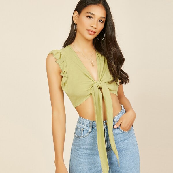 

Ruffle Sleeves Tie Front Crop Top, Pastel lime green