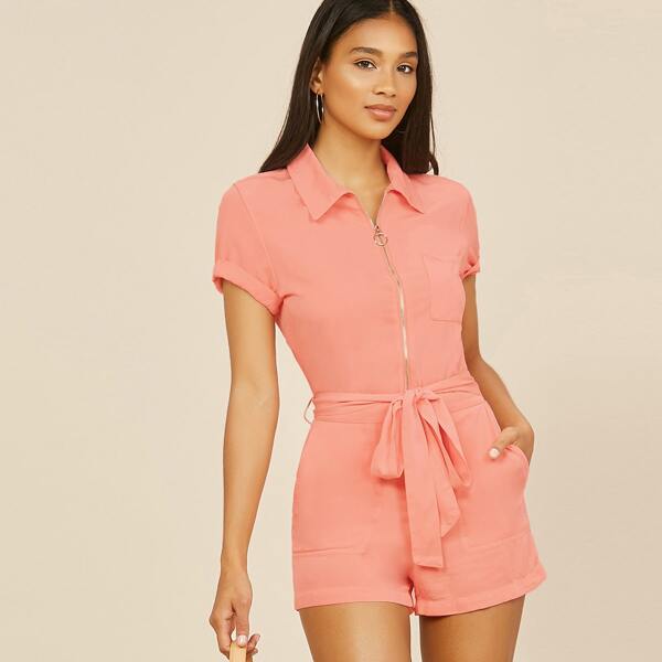 

Short Sleeve Zip Front Waist Tie Utility Romper, Coral pink