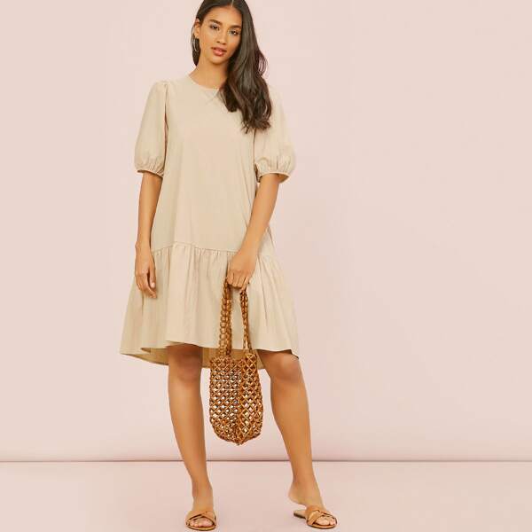 

Short Sleeve Tiered Linen Midi Dress, Beige