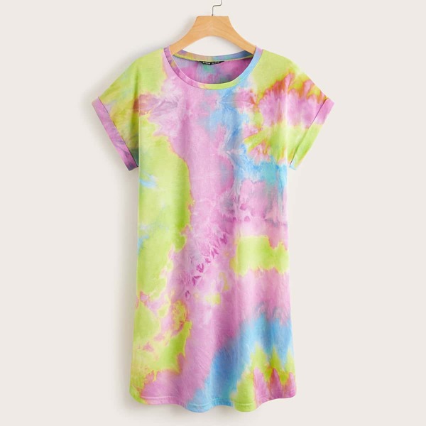 

Tie Dye Roll Up Sleeve Tee Dress, Multicolor