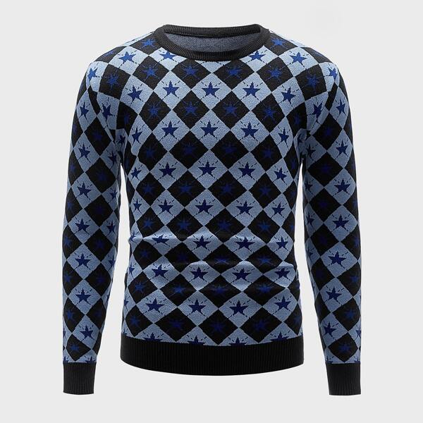 

Men Star And Plaid Pattern Sweater, Multicolor