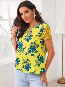 Keyhole Neck Guipure Lace Sleeve Floral Top - Yellow - View 4