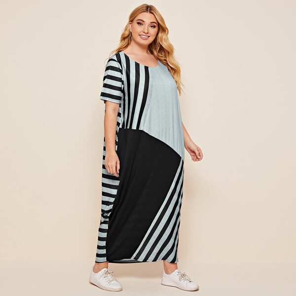 

Plus Striped Print Color Block Dress, Multicolor
