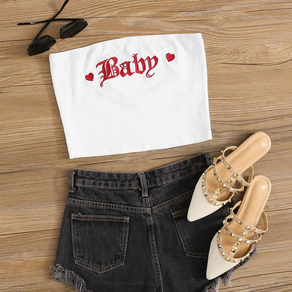

Plus Letter & Heart Embroidery Rib-knit Tube Top, White
