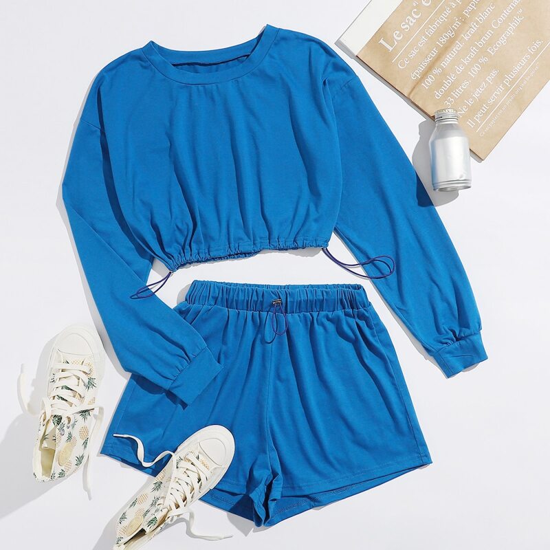 

Solid Drawstring Sweatshirt & Shorts, Blue