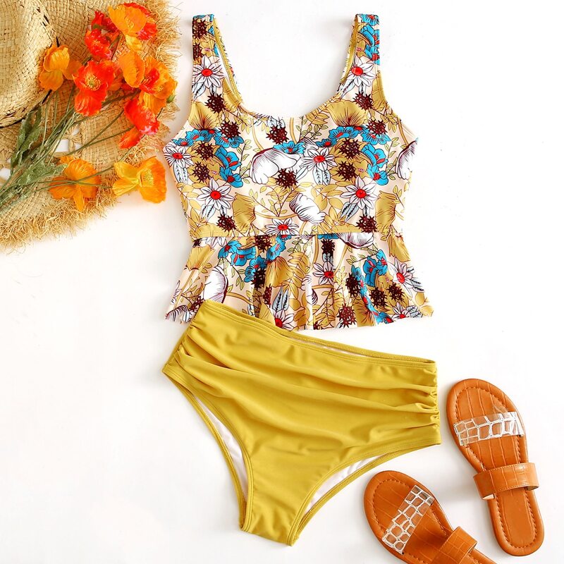 

Floral & Plant Print Ruffle Hem Bikini Swimsuit, Multicolor