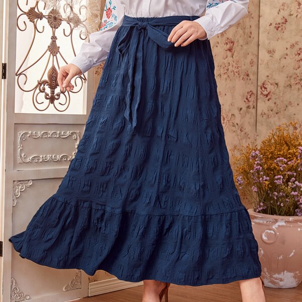 

Plus Self Belt Maxi Skirt, Navy blue