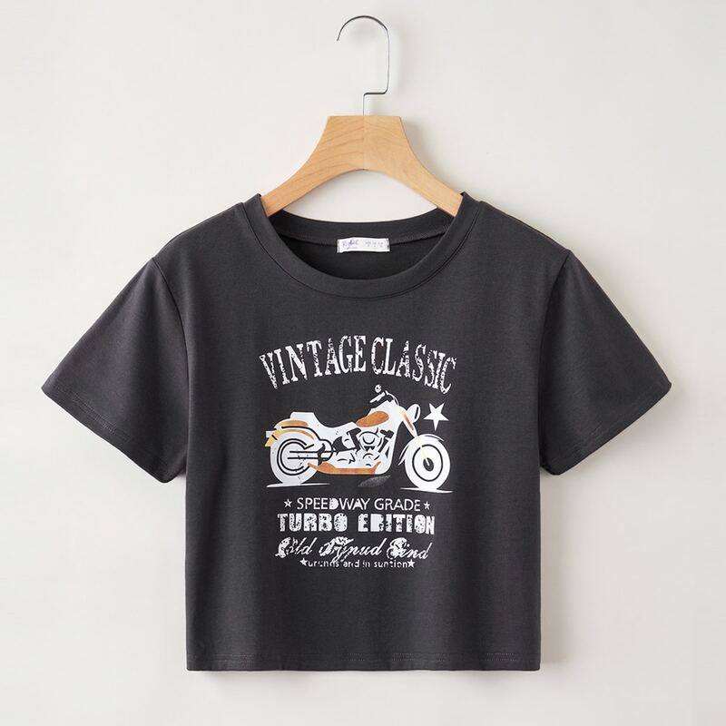 

Motorcycle & Letter Crop Tee, Dark grey