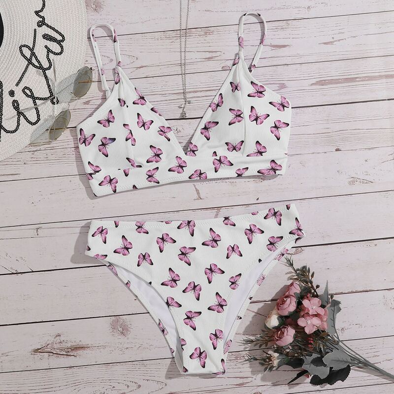 

Butterfly Print Rib Bikini Swimsuit, Multicolor