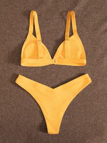 Conjunto de bikini con copas triangulares y ribete con corte alto para la playa en verano - Amarillo - Ver 2