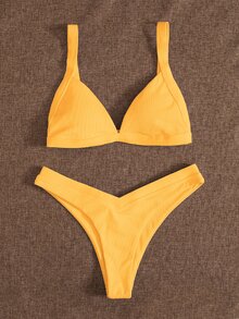 Conjunto de bikini con copas triangulares y ribete con corte alto para la playa en verano - Amarillo - Ver 3