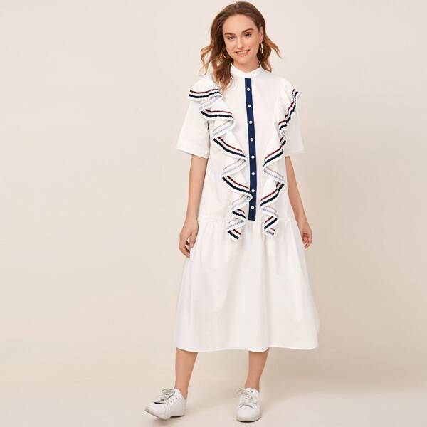 

Button Front Ruffle Trim Smock Dress, White