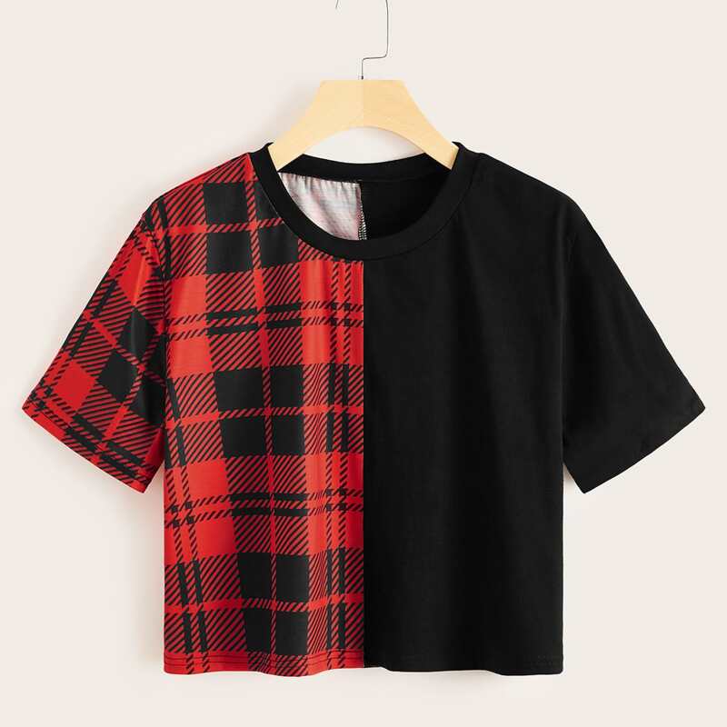 

Colorblock Plaid Crop Tee, Multicolor