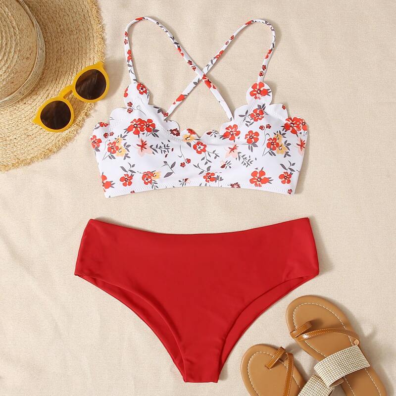 

Floral Scallop Trim Lace-up Bikini Swimsuit, Multicolor