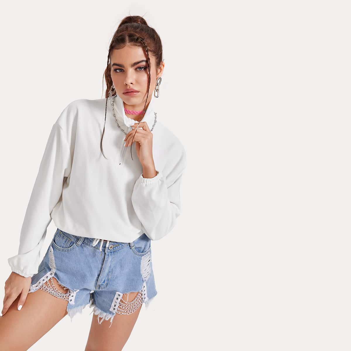 

Solid Half Zip Sweatshirt, White