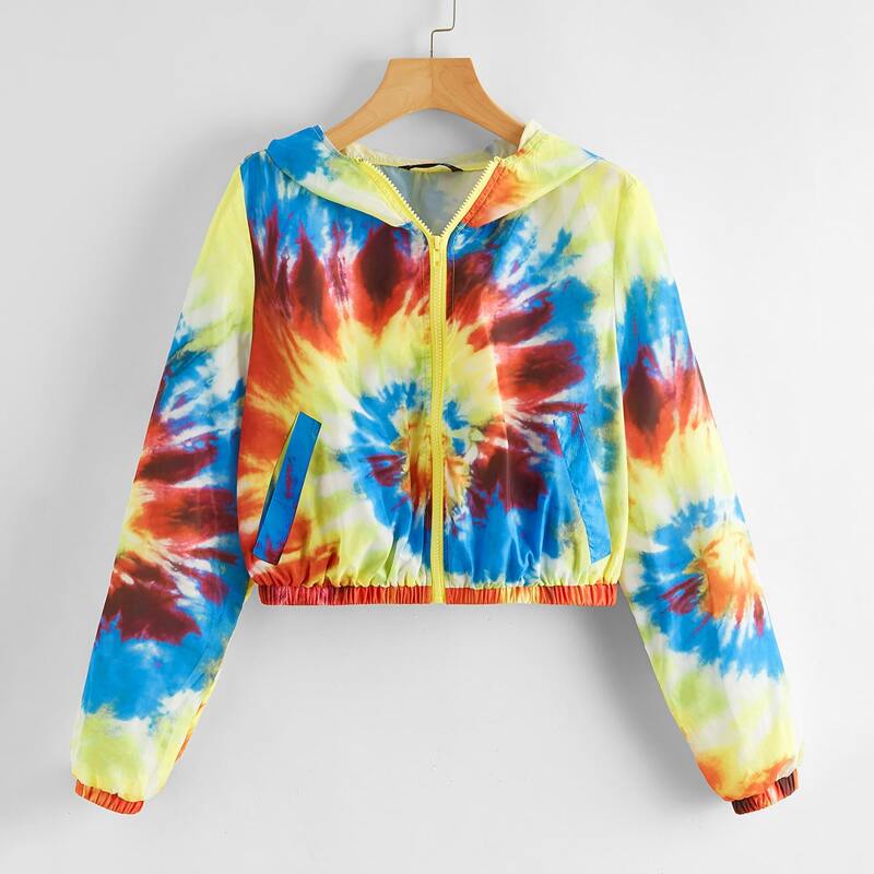 

Spiral Tie Dye Zipper Placket Hooded Wind Jacket, Multicolor