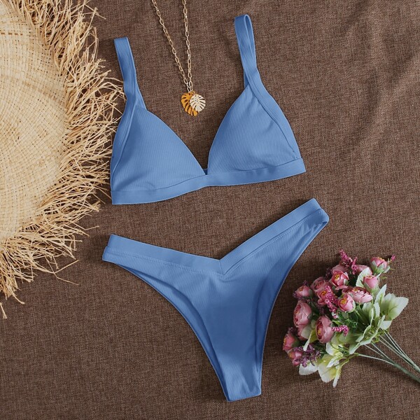 

Rib Triangle High Cut Bikini Swimsuit, Blue