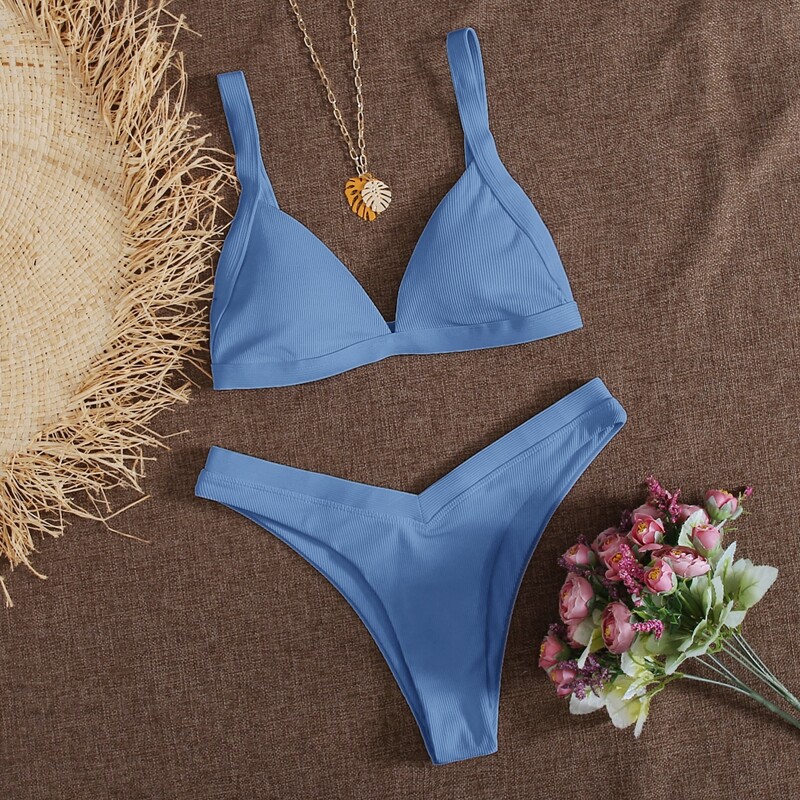 

Rib Triangle High Cut Bikini Swimsuit, Blue