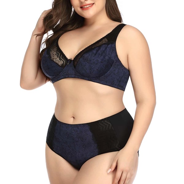 

Plus Contrast Lace Underwire Lingerie Set, Navy blue