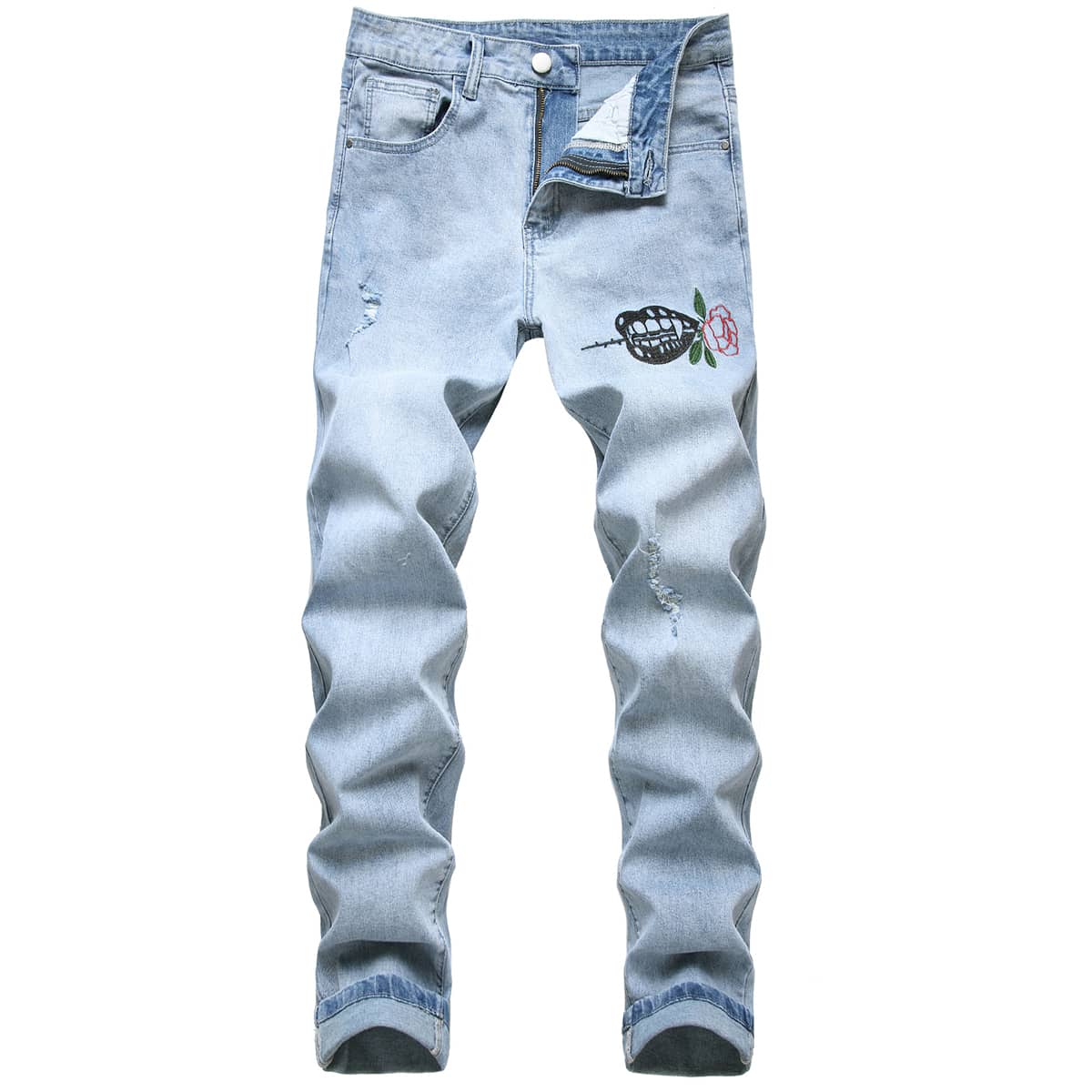 

Guys Rose Embroidery Jeans, Light wash