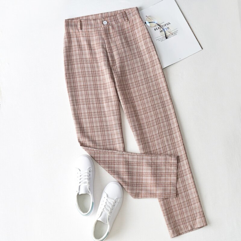 

Tartan Straight Leg Pants, Pink