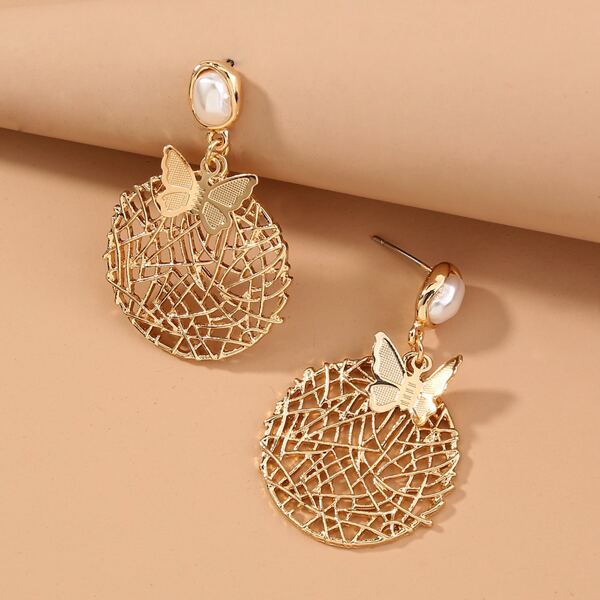 

Butterfly Charm Hollow Out Round Drop Earrings, Gold