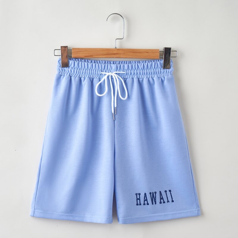 

Letter Drawstring Waist Shorts, Baby blue