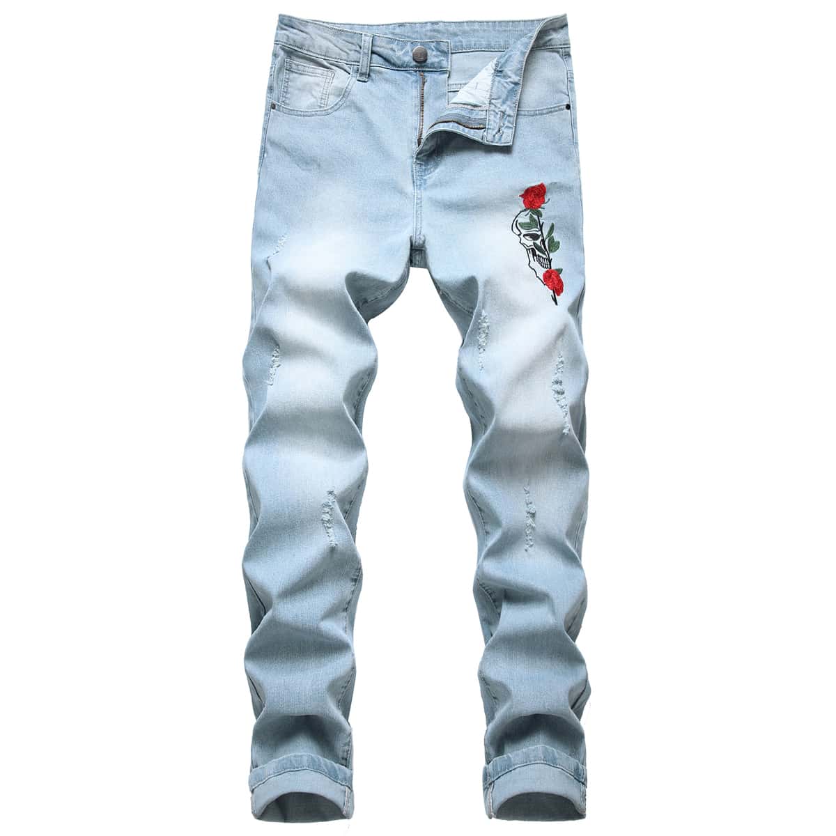 

Guys Skull Rose Embroidery Jeans, Light wash