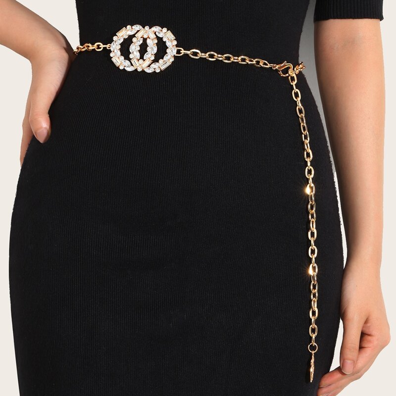 

Rhinestone Double O-ring Chain Belt, Gold