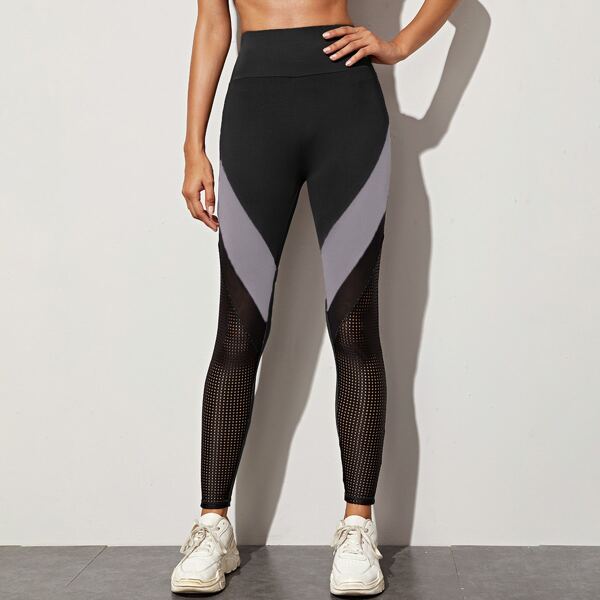 

Colorblock Fishnet Panel Sports Leggings, Black