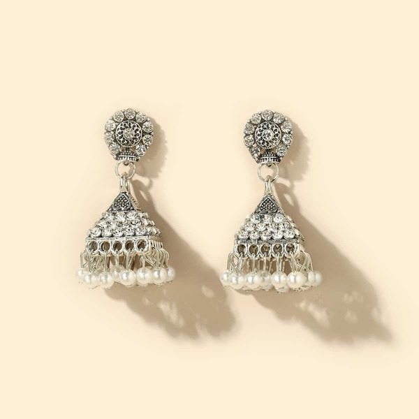 

Rhinestone Bell Faux Pearl Beaded Tassel Drop Earrings, Silver