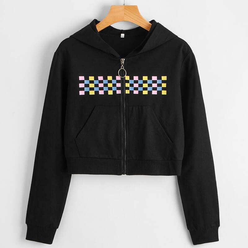 

Colorful Checkerboard Zip Up Hoodie, Black