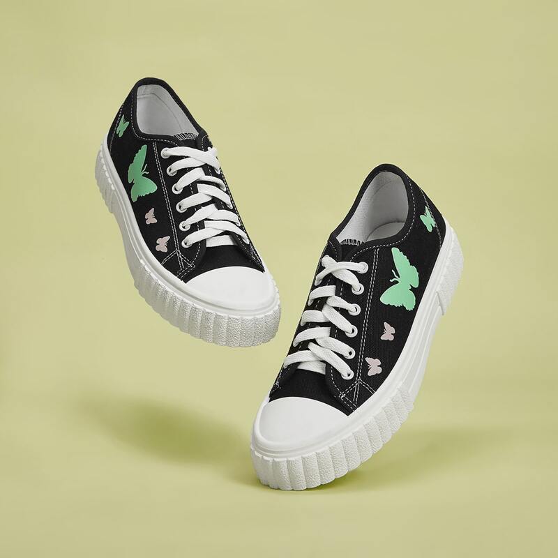 

Butterfly Lace-up Canvas Sneakers, Black