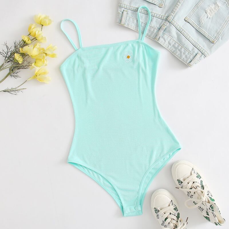 

Floral Embroidery Cami Bodysuit, Mint green