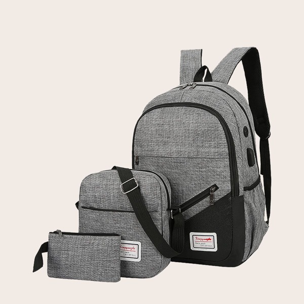 

3pcs Men Zipper Front Backpack Set, Grey