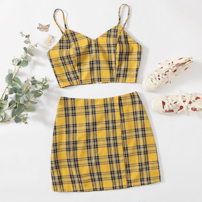 

Tartan Crop Cami & Mini Skirt Set, Mustard yellow