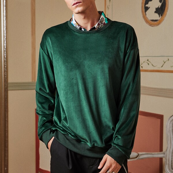 

Men Drop Shoulder Velvet Sweatshirt, Dark green
