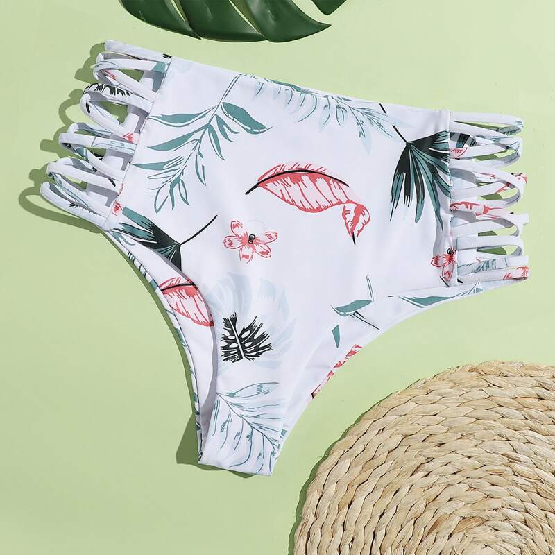 

Floral Cut-out High Waist Bikini Bottom, White