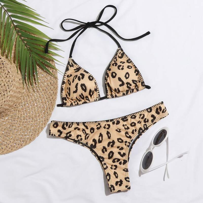 

Leopard Triangle Halter Bikini Swimsuit, Apricot